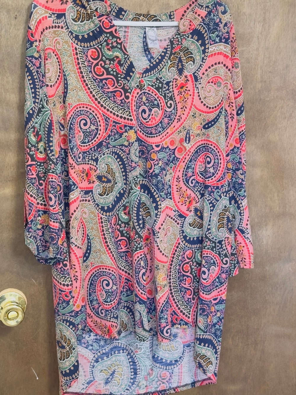 Honeyme Multicolor Paisley Button-Front Tunic — Navy, Pink & Green